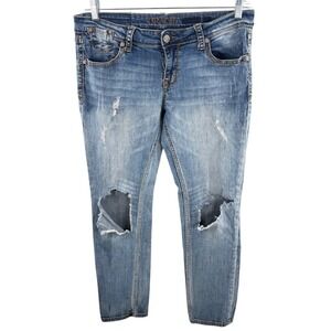 Grace in LA Blue Distressed Jeans Size 31 Straight Leg Denim Ripped Knees Chic
